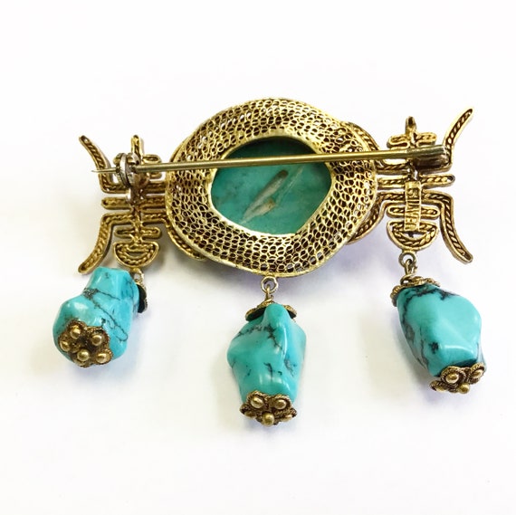 Vintage, Chinese brooch, turquoise and silver gil… - image 5