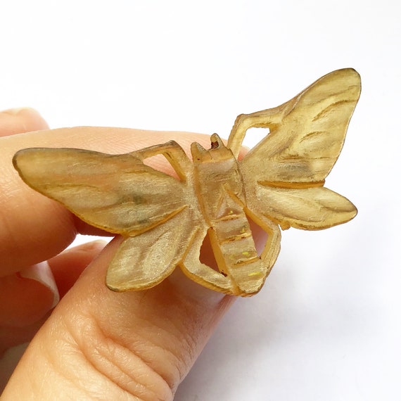 Art nouveau, carved horn, butterfly, or moth, bro… - image 2