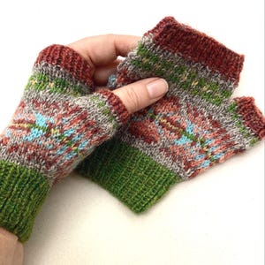Hand knitted fair isle fingerless mittens