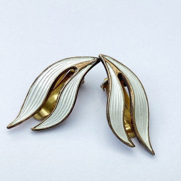 Vintage Aksel Holmsen earrings, mid-century, white enamel and Sterling silver, double leaf clip earrings.