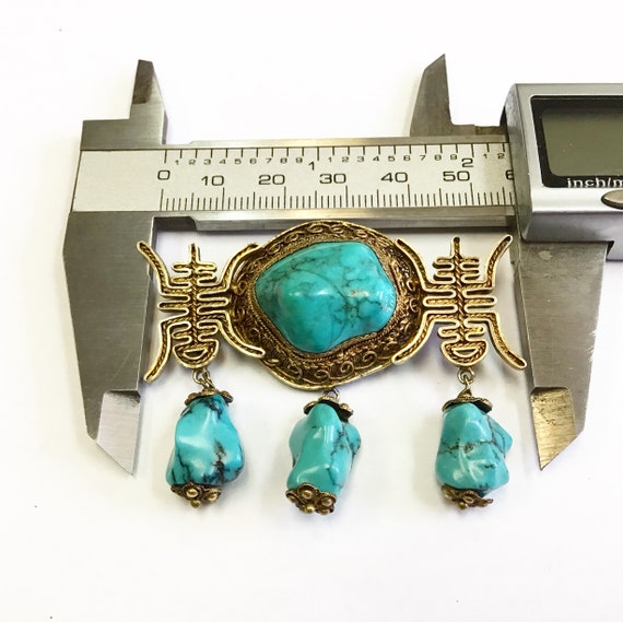 Vintage, Chinese brooch, turquoise and silver gil… - image 8