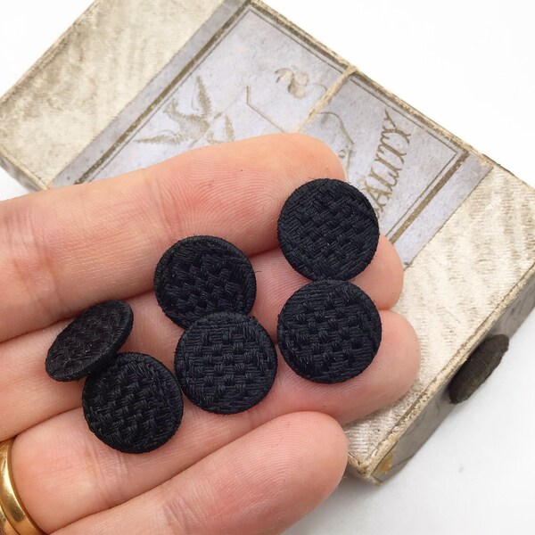 Set of 6, antique, Victorian, black passementerie buttons, new old stock.