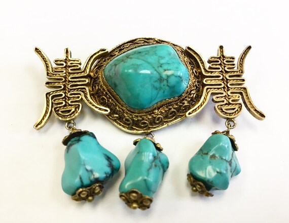 Vintage, Chinese brooch, turquoise and silver gil… - image 7