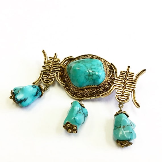 Vintage, Chinese brooch, turquoise and silver gil… - image 1