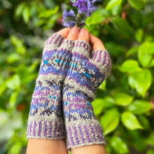 Hand knitted fair isle fingerless mittens