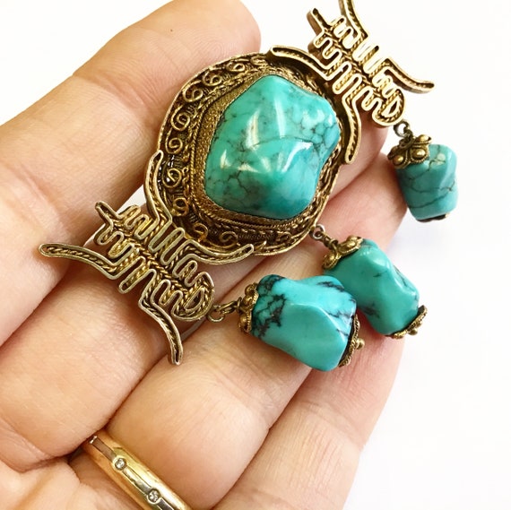 Vintage, Chinese brooch, turquoise and silver gil… - image 2