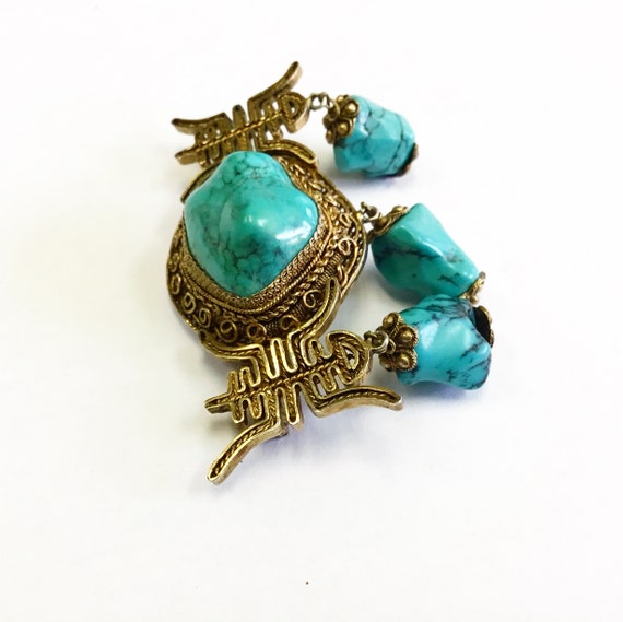 Vintage, Chinese brooch, turquoise and silver gil… - image 4