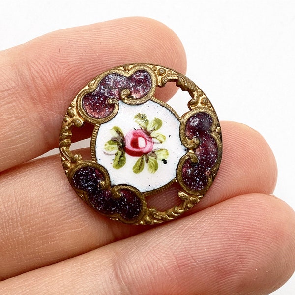 Antique champleve enamel button, 1800s, floral button. 2.3 cm