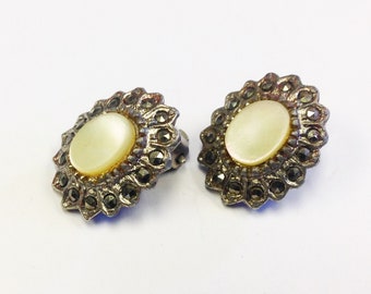 Vintage, 1950s, Marcasite and mother of pearl  clip earrings.