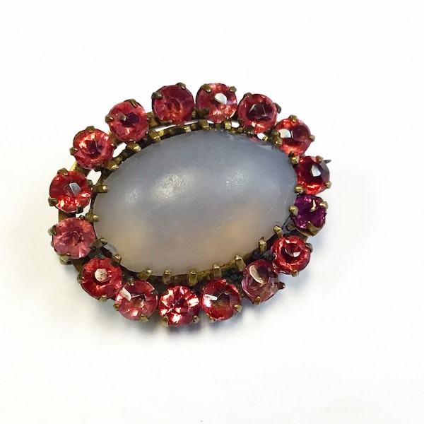 Antique, pink, frosted, opalescent, moonstone glass brooch, like saphiret glass.