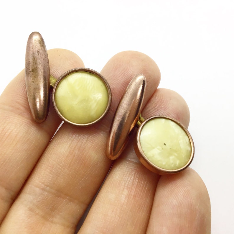 cream celluloid and rose gold rolled gold cufflinks. Art Deco Vintage pearlised
