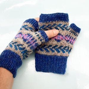 Hand knitted fair isle fingerless mittens