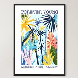 Stampa artistica botanica Forever Young - Stampa murale colorata con giungla, decorazione da parete blu, poster con piante tropicali, stile scandinavo, poster A1