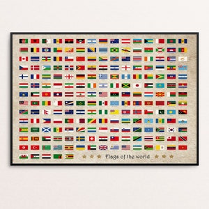 Cartel de banderas del mundo, el mundo de estilo vintage marca el estampado artístico, el arte de la pared educativa, el arte de la pared de banderas del mundo, el cartel A1, A2, A3, A4