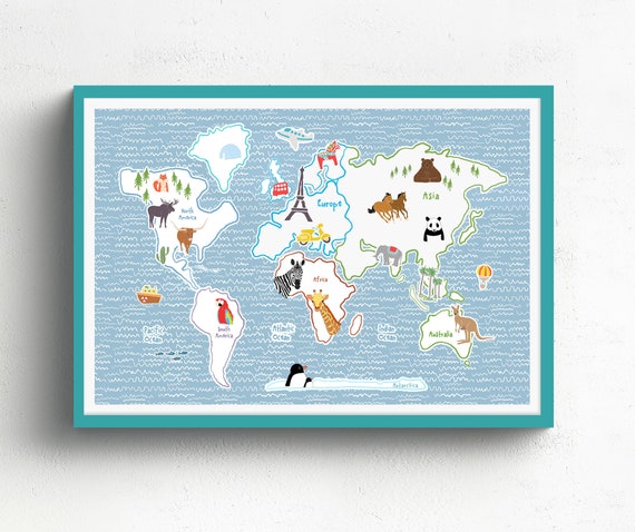 Carte Du Monde Les Enfants Avec Des Animaux Affiche De Carte Mondiale Des Enfants Chambre Denfant De Voyage Thème Décor