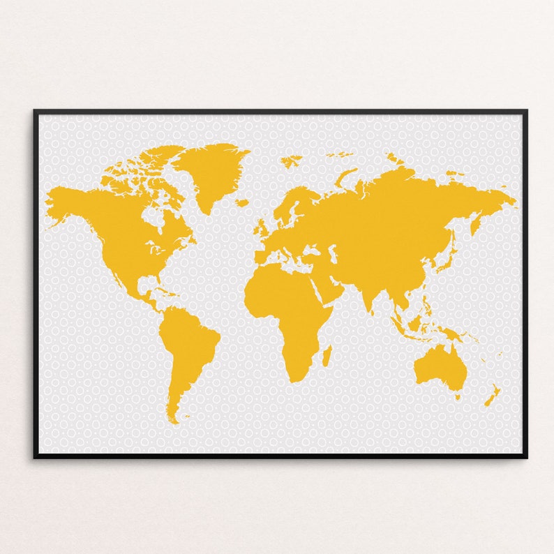 World Map Poster Yellow Travel Theme Nursery Wall Decor Etsy