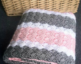 Crochet Pattern - Baby Blanket in Pink, White, and Gray Stripes - Fluffy Clusters Newborn