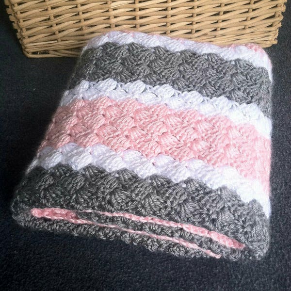 Crochet Pattern - Baby Blanket in Pink, White, and Gray Stripes - Fluffy Clusters Newborn