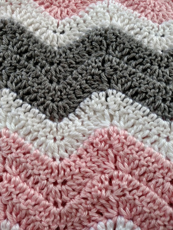 Pink and Gray Crochet Chevron Baby Blanket Hand Made Ripple Afghan