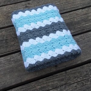 Crochet Baby Blanket Hand Made Light Blue Grey White Striped Boy