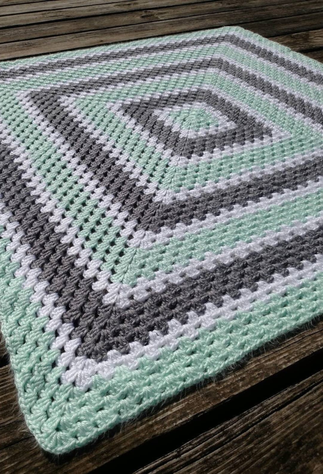 Mint Green Crochet Baby Blanket Green Grey and White Crochet
