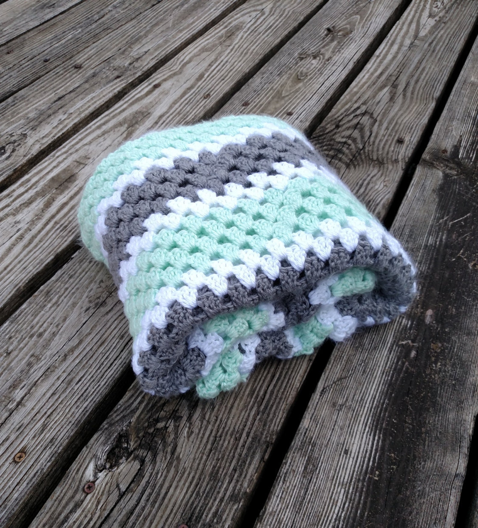 Mint Green Crochet Baby Blanket Green Grey and White Etsy