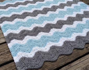 Crochet Baby Blanket Pattern -  Newborn Chevron Light Blue, White, and Gray - Zigzag Throw Instructions - Ripple Stripe Afghan
