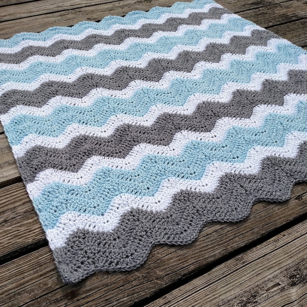 Crochet Baby Blanket Pattern -  Newborn Chevron Light Blue, White, and Gray - Zigzag Throw Instructions - Ripple Stripe Afghan