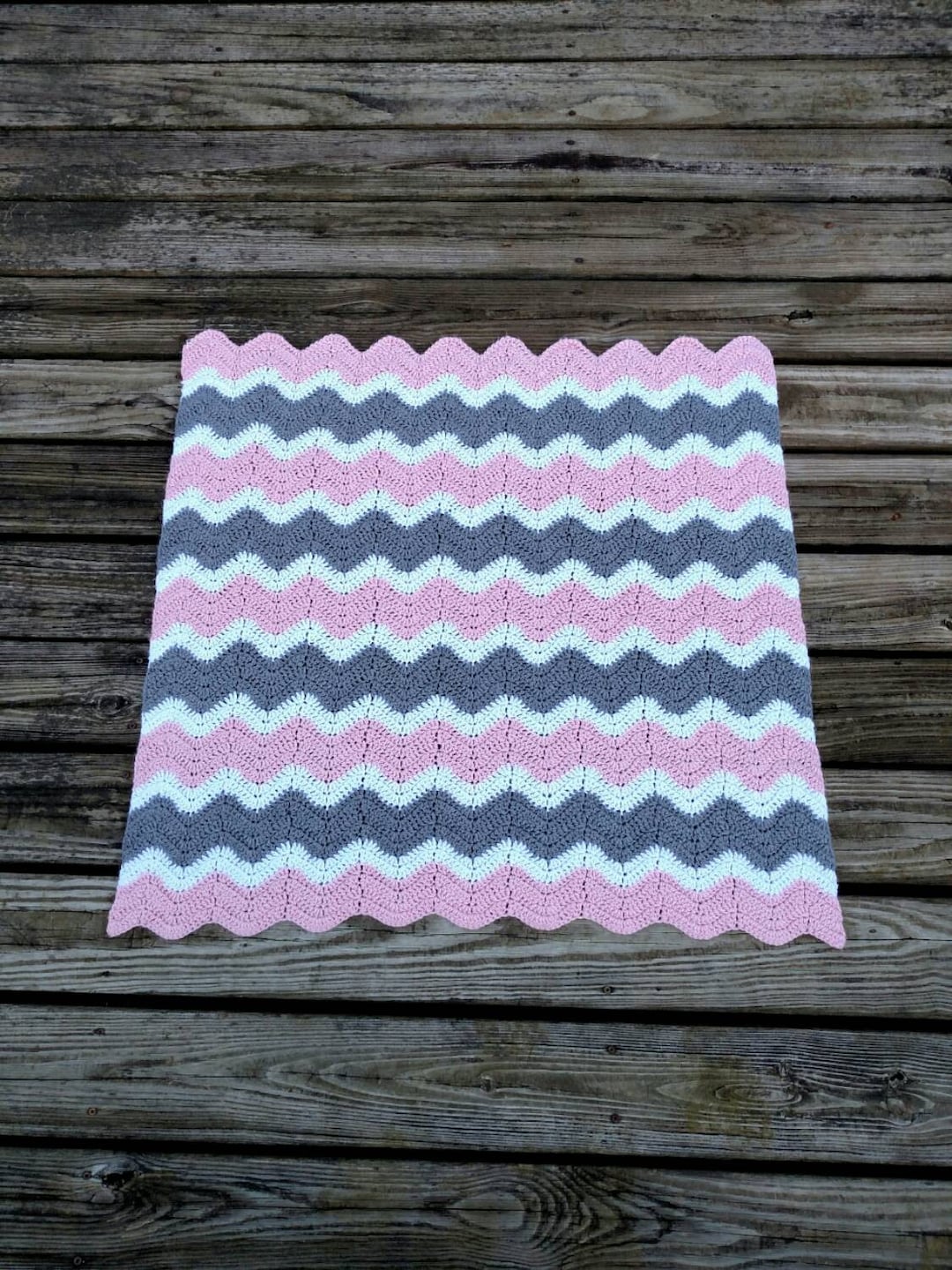 Pink and Gray Crochet Chevron Baby Blanket Hand Made Ripple