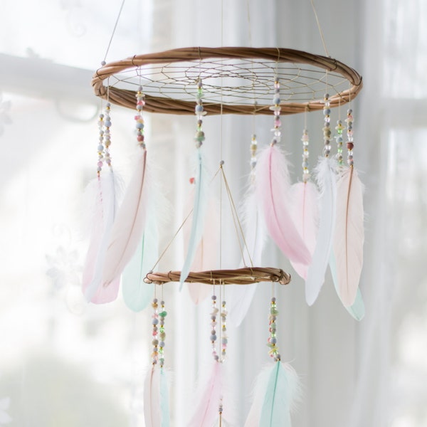 Dream Catcher Nursery Mobile Chandelier - Nursery Dream Catcher Mobile Boho Mobile Boho Crib Mobile Bohemian Mobile Chandelier