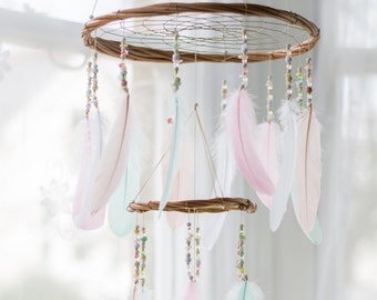 Dream Catcher Nursery Mobile Chandelier - Nursery Dream Catcher Mobile Boho Mobile Boho Crib Mobile Bohemian Mobile Chandelier