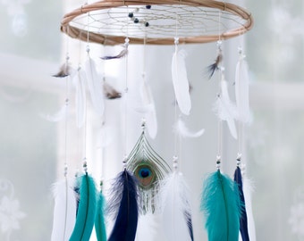 Bohemian Nursery Dreamcatcher Mobile - Navy, Teal and White Mobile - Peacock Mobile, Dream Catcher Nursery Mobile, Boho Chic, Chic Mobile