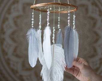 Gray and White Dream Catcher Mini Mobile - Nursery Dream Catcher Mobile Boho Mobile Boho Nursery Mobile Bohemian Mobile Chandelier