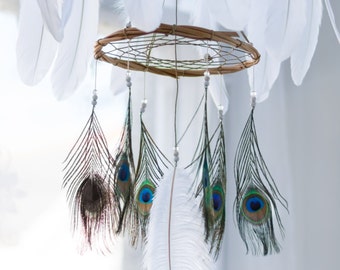 Peacock Dream Catcher Mobile Chandelier - White Dream Catcher Chandelier Mobile Boho Baby Mobile Tribal Crib Nursery Baby Girl Baby boy