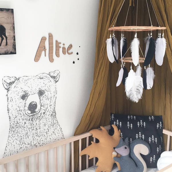 Dream Catcher Black, Gray and White Feather Mobile - Black and white nursery Mobile Room Decoration