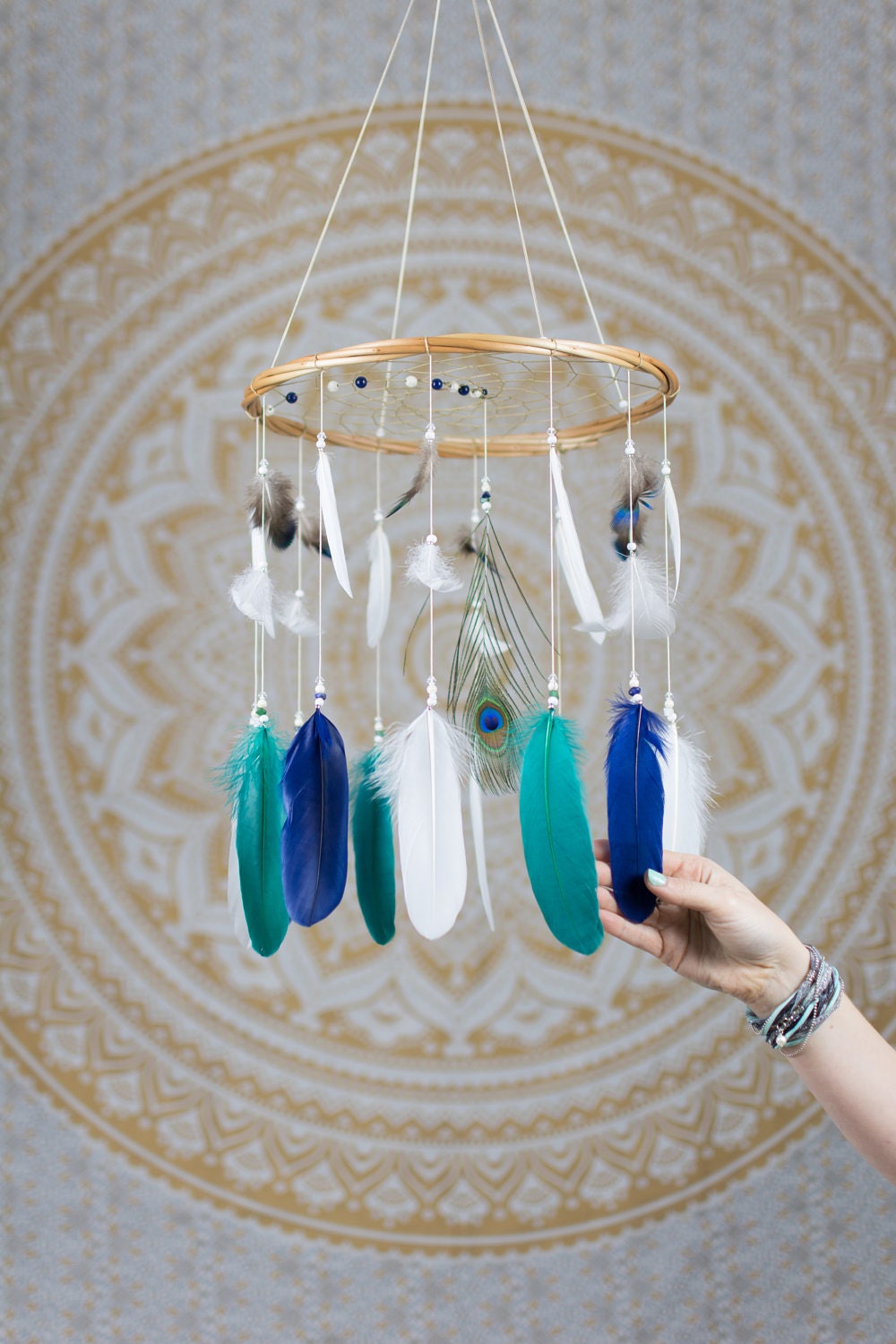 Bohemian Nursery Dreamcatcher Mobile Navy Teal and White Etsy