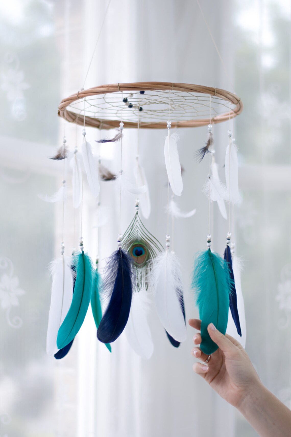 Bohemian Nursery Dreamcatcher Mobile Navy Teal and White Etsy