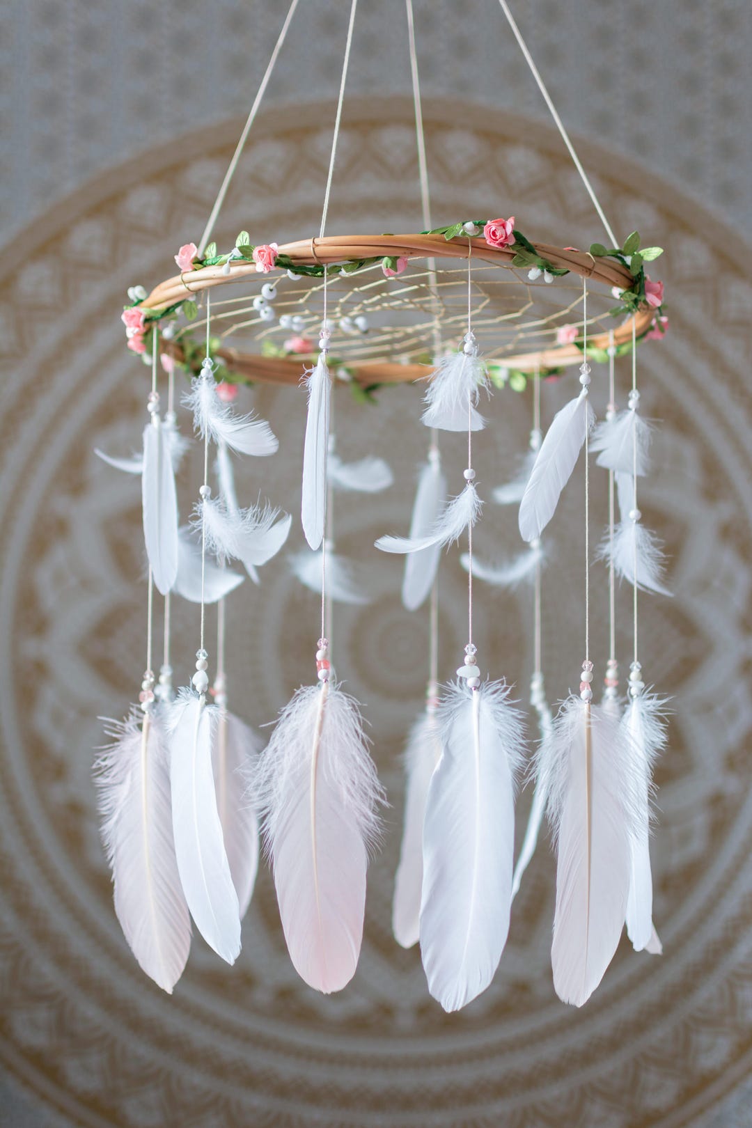 Flower Dream Catcher Baby Mobile Blush Pink Nursery Mobile Etsy