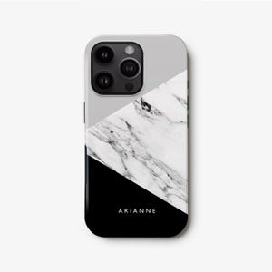 Zwart grijs iPhone 16-hoesje, gepersonaliseerd stijlvol gemarmerd telefoonhoesje voor 15, 14 Plus, 13 Pro, 12 Mini, Samsung S24, S23, S22 Ultra