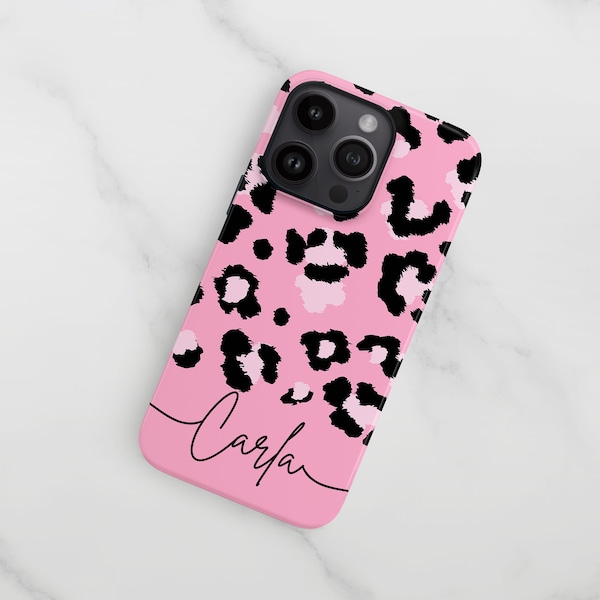 Baby pink iPhone 14 plus case, 15 13 Pro Max 12 mini 11 Xs custom name leopard print pattern personalised hard cover, Samsung S22 S21 FE S20