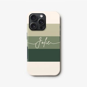 Green Stripe iPhone 16 Case, Samsung S24, S23, S22 Ultra, S21 FE, 14 Pro Khaki Olive Personalised Cursive Name Hard Cover