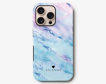 Pastel Blue Marble iPhone 16 Case, Personalised Name 15 Pro, 14 Plus, 13 Mini, S24 Ultra, S23, S22 Hard Slim Cover