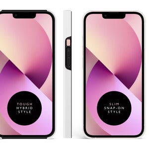 May include: Two phone cases with different designs. The case on the left is black with a pink and white abstract design and the text "TOUGH HYBRID STYLE". The case on the right is white with a pink and white abstract design and the text "SLIM SNAP-ON STYLE".