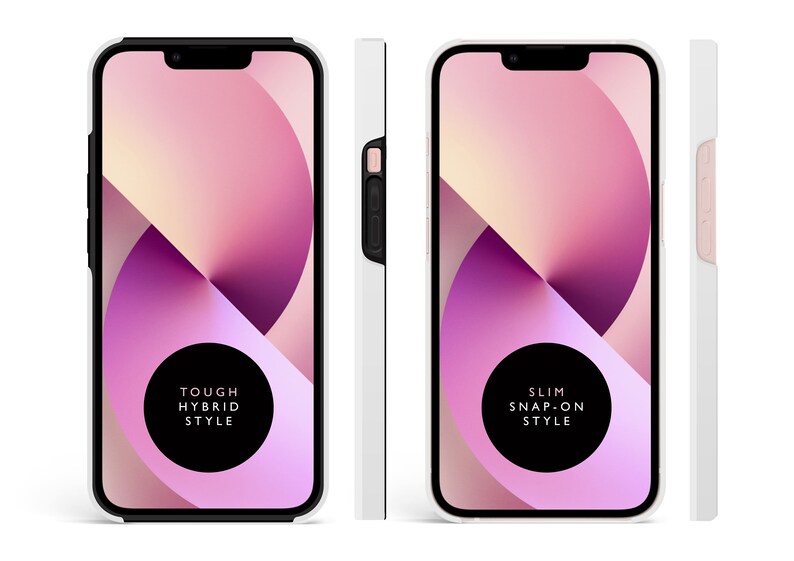 May include: Two phone cases with different designs. The case on the left is black with a pink and white abstract design and the text "TOUGH HYBRID STYLE". The case on the right is white with a pink and white abstract design and the text "SLIM SNAP-ON STYLE".