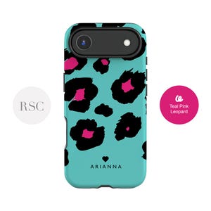 Leopard Print iPhone 16 Case, Personalised 15 Plus, 14 Pro, 13 Mini Blue  &Pink Cover, Samsung S24 Ultra, S23 Plus, S22