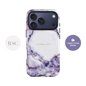 Purple Marble iPhone 14 Case, 15 Pro, 13 Mini Personalised Name Phone Case, Samsung S24, S23 Ultra, S22, S21 Fe Accessory