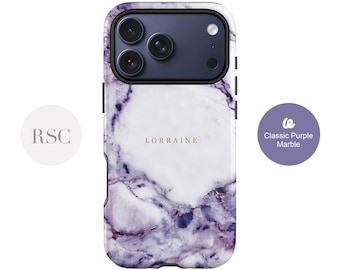 Purple Marble iPhone 14 Case, 15 Pro, 13 Mini Personalised Name Phone Case, Samsung S24, S23 Ultra, S22, S21 Fe Accessory