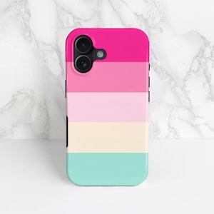 Pink, cream and blue stripe print phone case shown on an phone 16 as an example