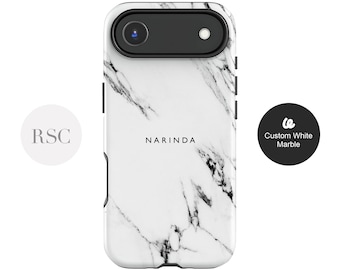 White Marble iPhone 16 Case, Minimalist Aesthetic 15 Pro Max, 14 Plus, 13 Custom Name Hard Phone Cover For Samsung S24, S23, S22