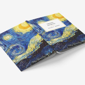 Starry Night Notebook, Personalised blank lined hardcover A5 sketchbook, Custom text classic artist stationary gift for art lovers